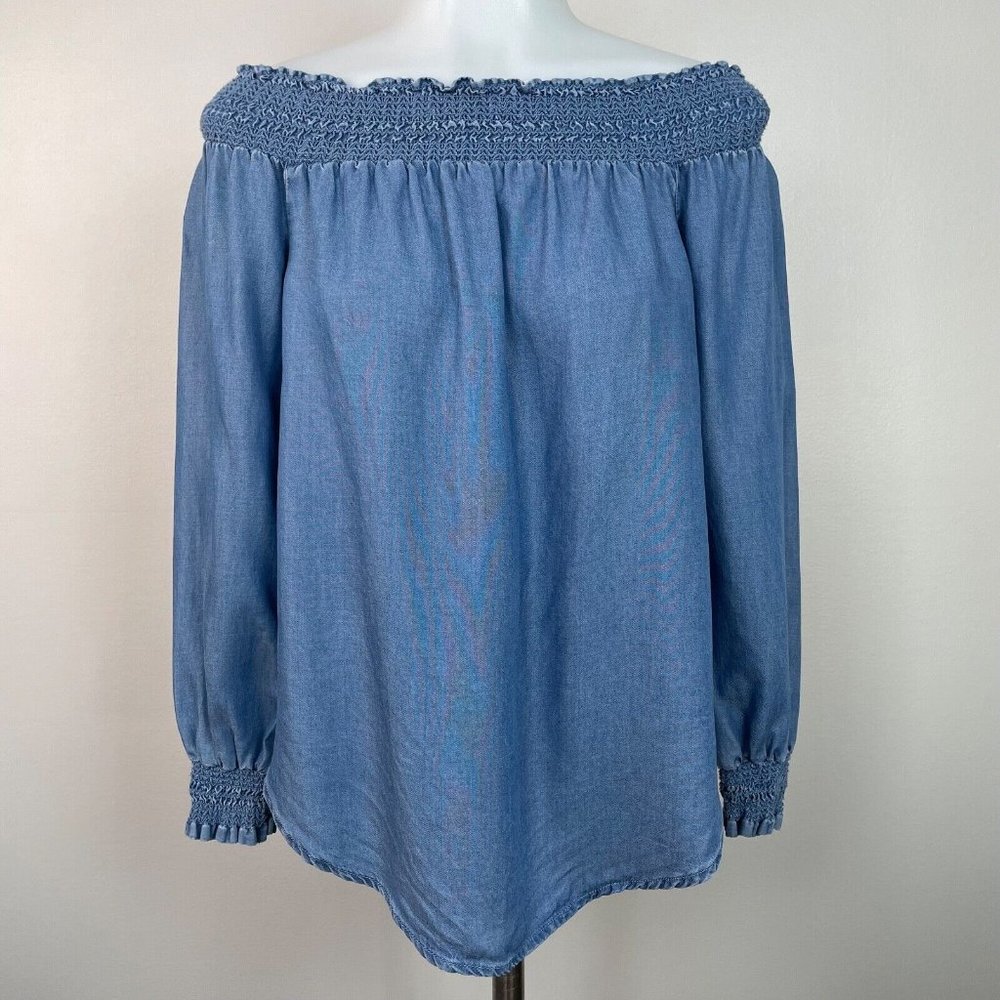Michael Kors Top XS Chambray Blue Off-the-Shoulder Smocked Blouse Women's